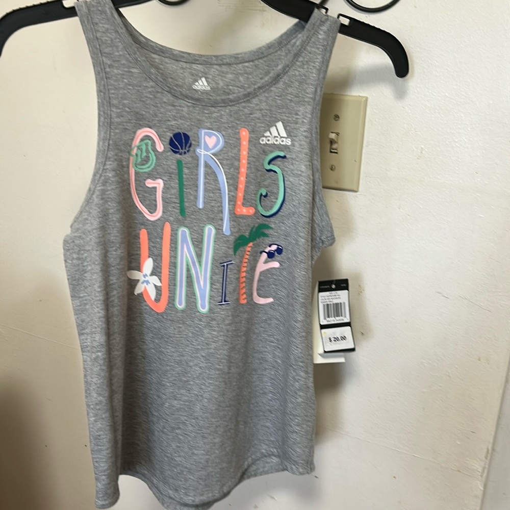 NWT Adidas “Girls Unite” Grey Graphic Tank Top.